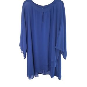 Roamans Blue Chiffon Tunic Blouse Top Size 24W Keyhole Layered Sheer Hippie Boho